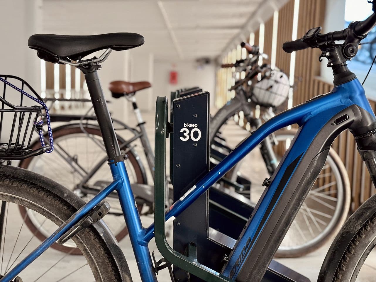 E-bike parked in Bikeep station close-up view